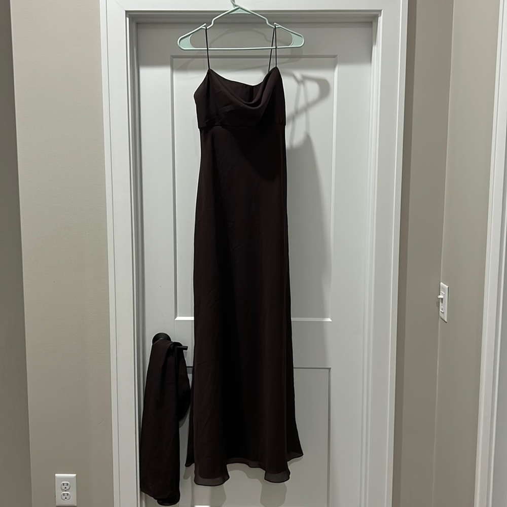 Michelangelo Brown Satin Gown w/ Scarf – Bridesmaid | Formal | Prom – Size 6